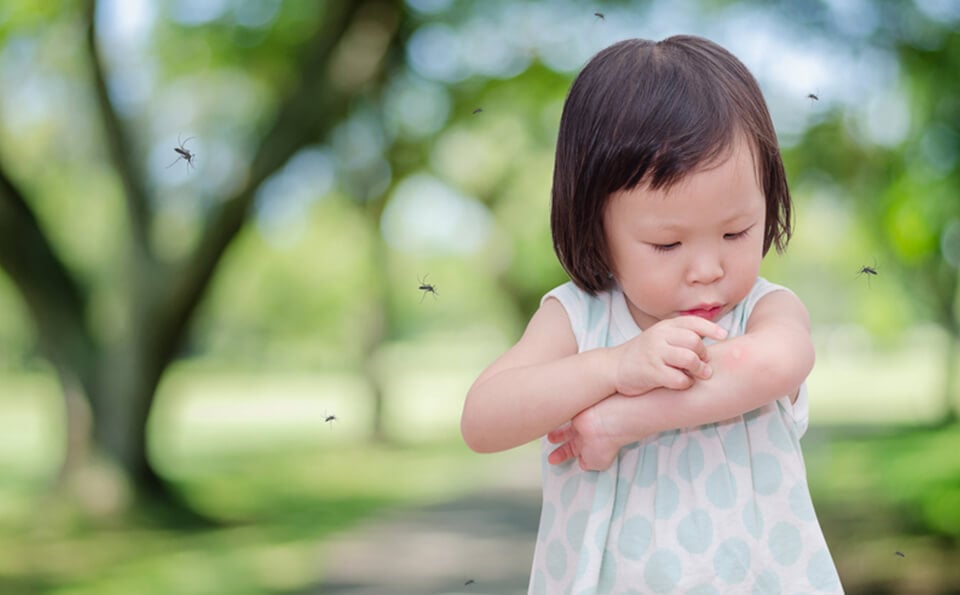 Little girl being swarmed by mosquitos