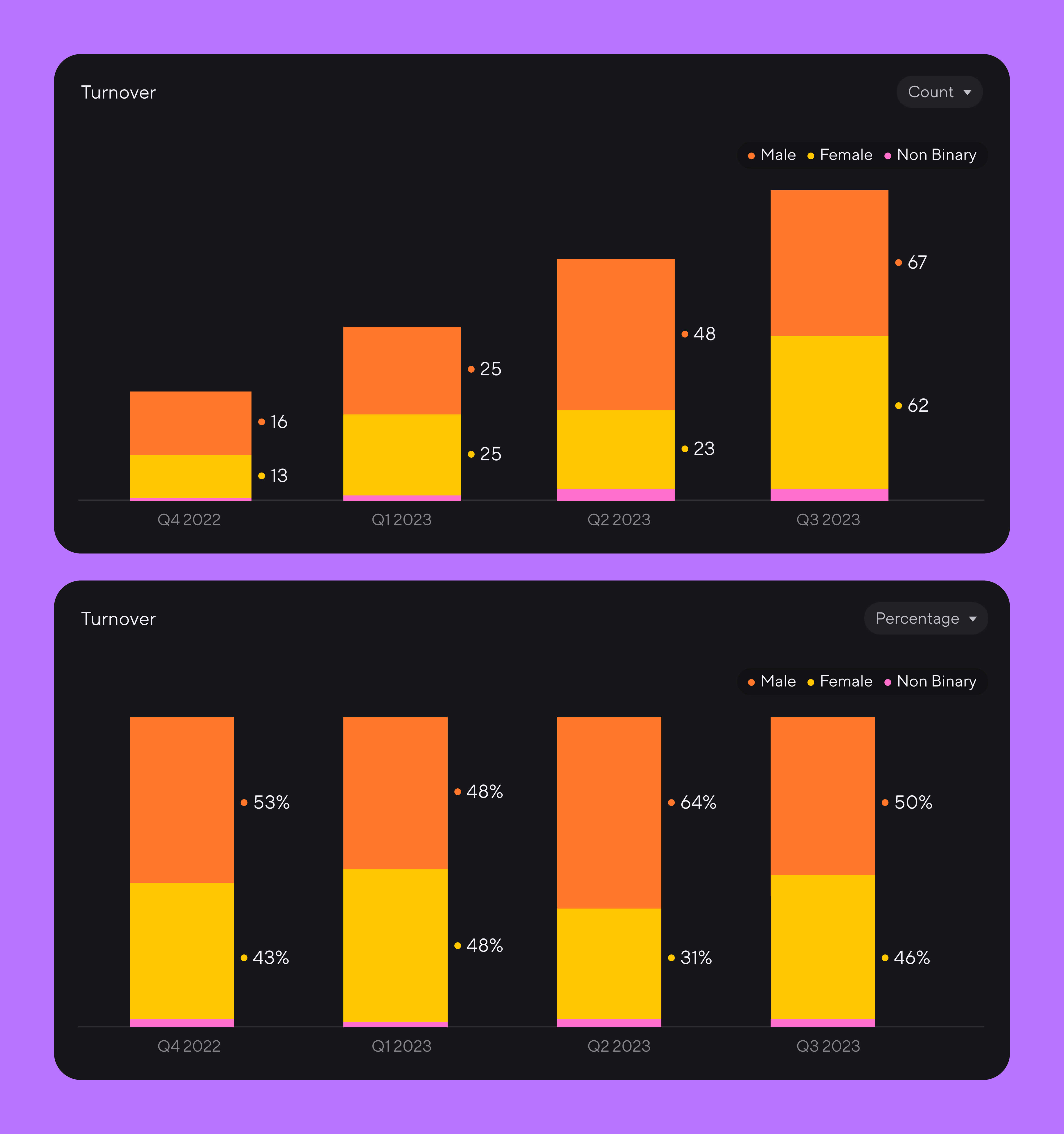Two bar charts showing data about rate of turnover among male, female, and non-binary employees. The first chart shows the numbers represented as a count, the second shows them represented as a percentage. Dandi users can now toggle easily between the two views. Both bar charts are set against a nice purple background.