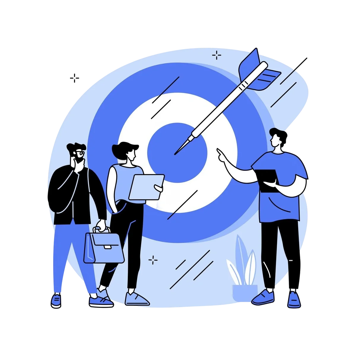Illustration of a team discussing goals in front of a large target with a dart hitting the center, symbolizing strategic alignment and focus.