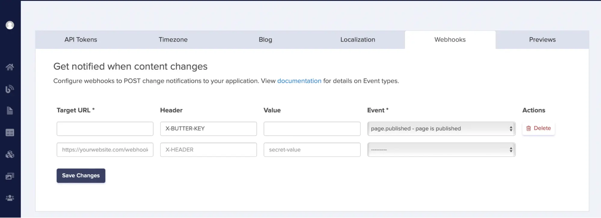 ButterCMS webhooks configuration