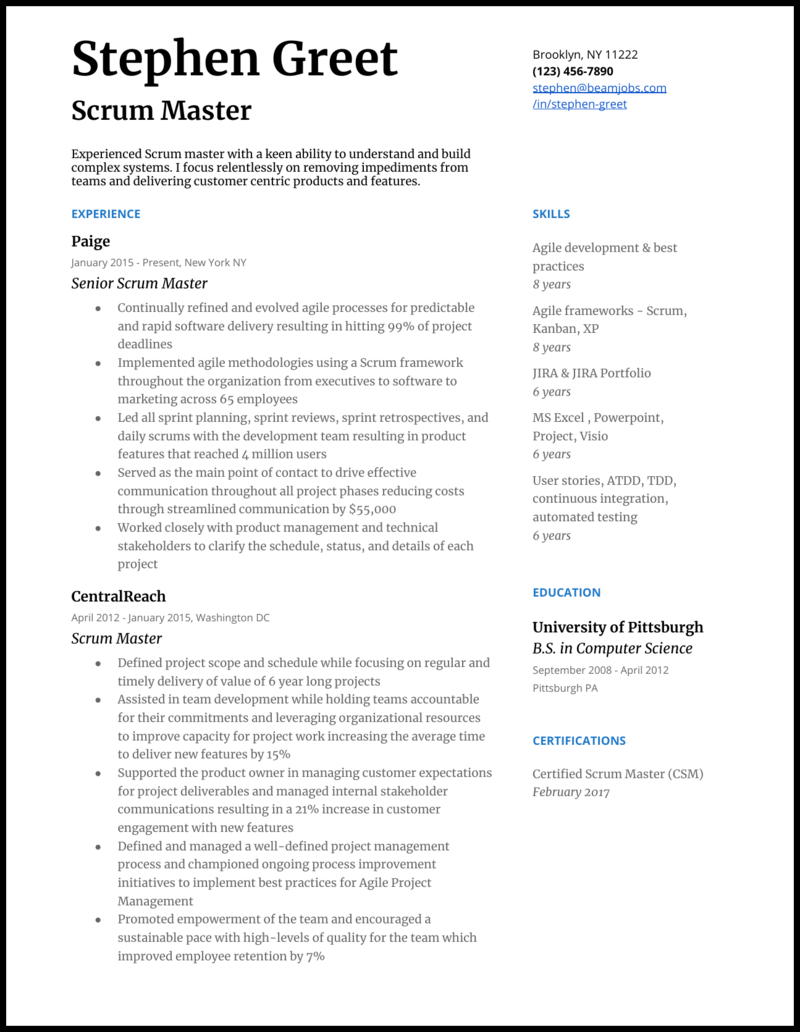 entry level scrum master resume summary