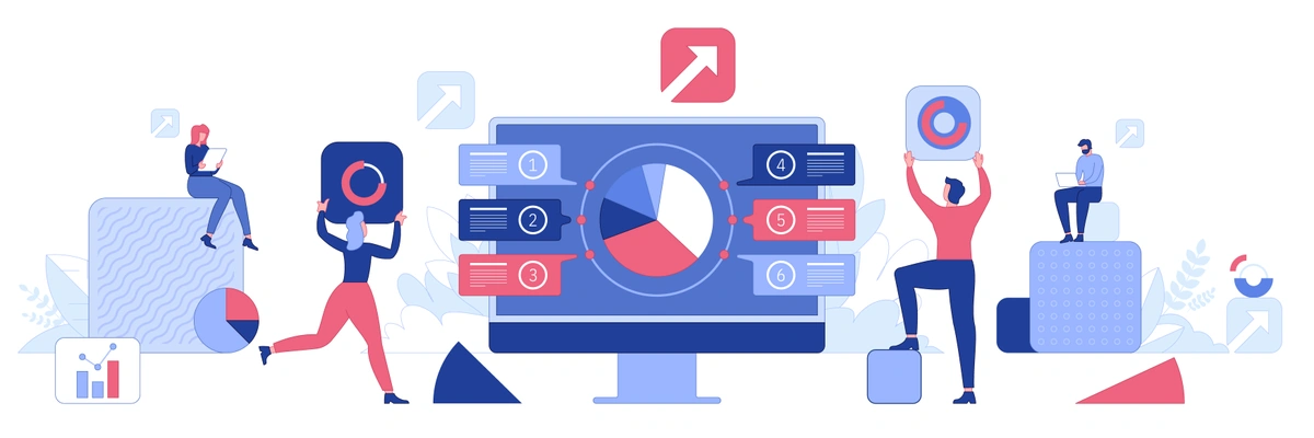 Characters contributing to a central monitor displaying a pie chart, symbolizing collaborative data management.