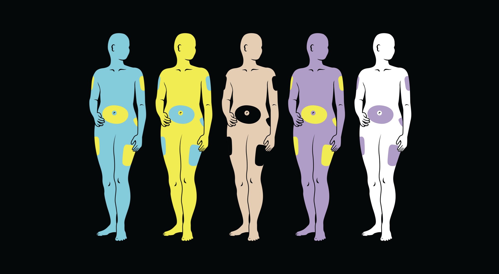 Illustration of bodies in different colors highlighting different parts of the body