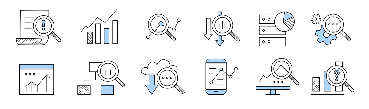 A series of line icons representing various aspects of data analysis and search functions, including magnifying glasses over documents and charts, symbolizing research and data scrutiny.