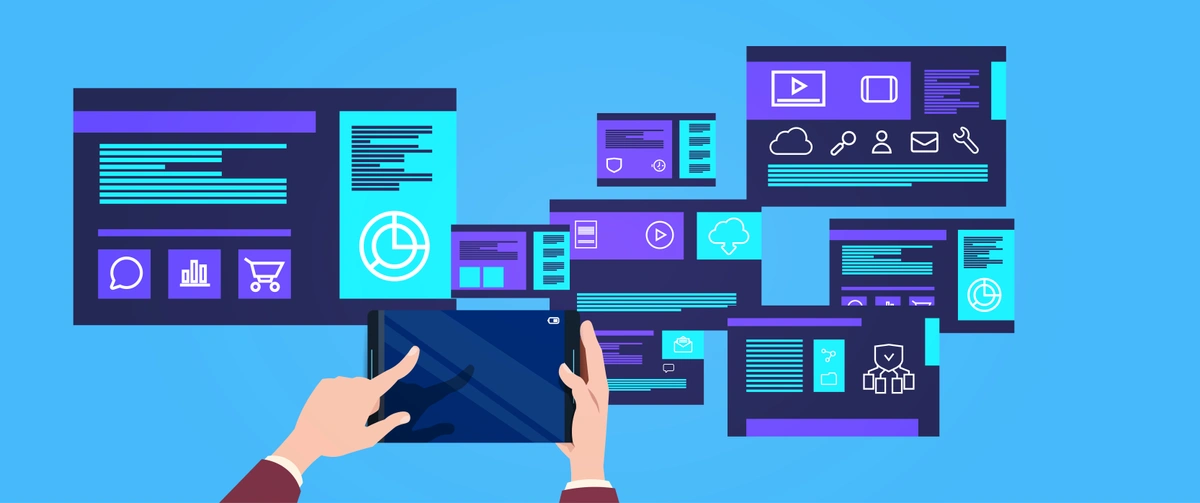 A graphic showing hands holding a tablet with various user interface elements floating around, indicative of mobile app development or digital interaction design.