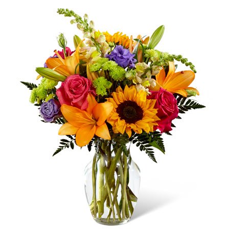 Sunflower orange lily and hot pink roses st patricks day bouquet