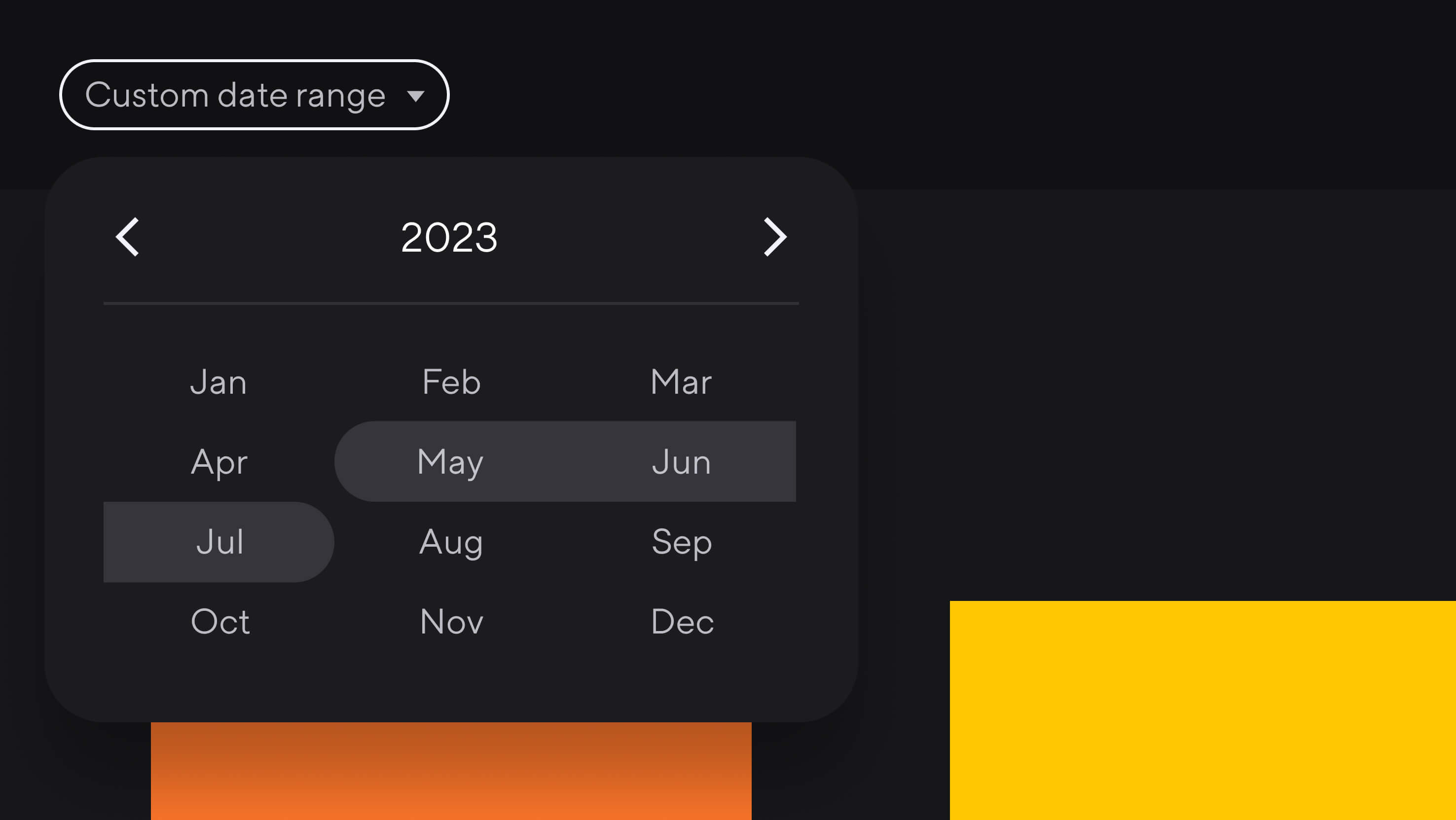 Closeup of new custom date range selector in Dandi. A 2023 calendar by month, with May through July selected.