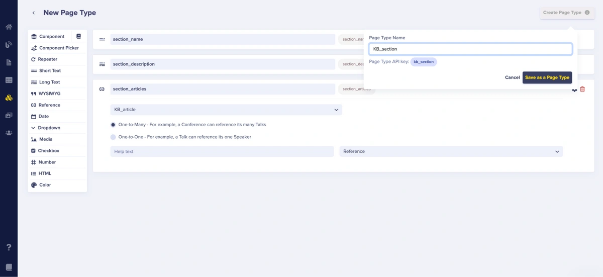 Name and save the page type as kb_section