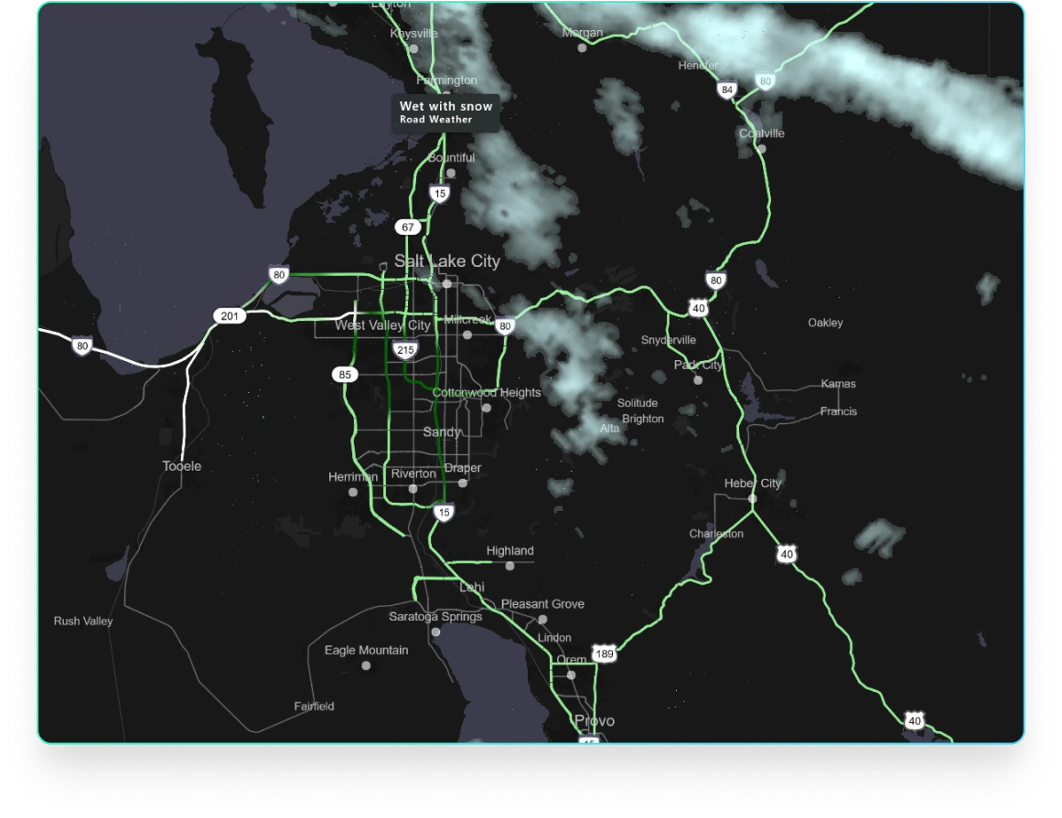 Screenshot of application showing road weather conditions for Salt Lake City