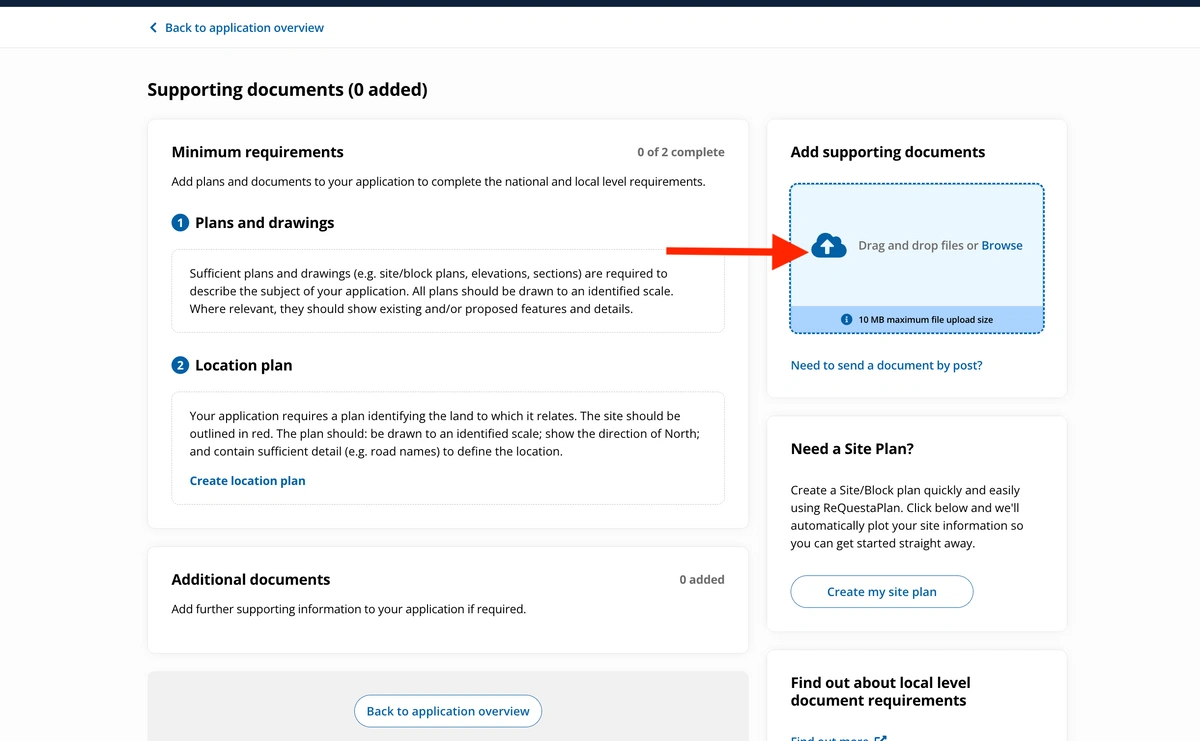 Drag and drop your location/site plans in PDF format on the Planning portal