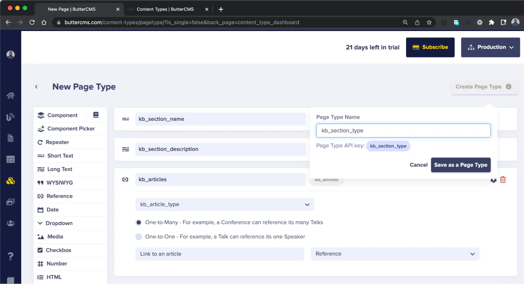 KB Section Type page configuration