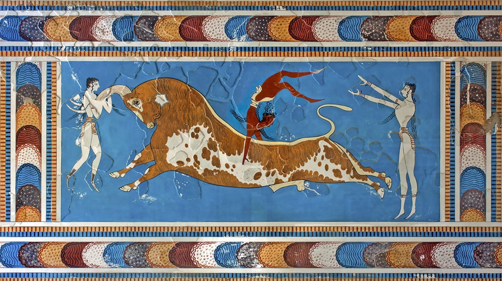 Toreador Fresco, Late Minoan painting from Knossos, Crete, depicting young people vaulting over a bull, c. 1550 BCE; in the Heraklion Archaeological Museum, Crete