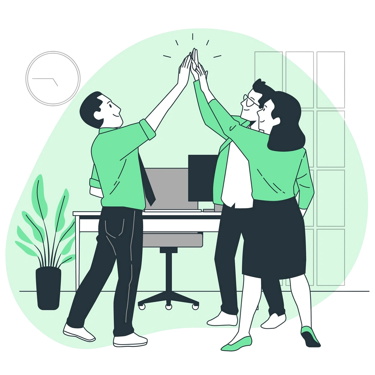 Three office colleagues giving each other a high five in front of a desk.
