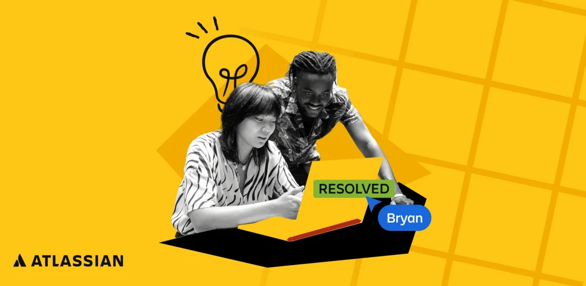 Two people look at a laptop with labels reading “Resolved” and “Bryan” on the screen, with a lightbulb graphic in the background and the Atlassian logo in the corner.