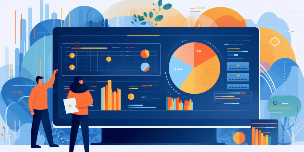 A vibrant illustration showing two people analyzing a large dashboard with charts and graphs, symbolizing big data analysis and business intelligence.