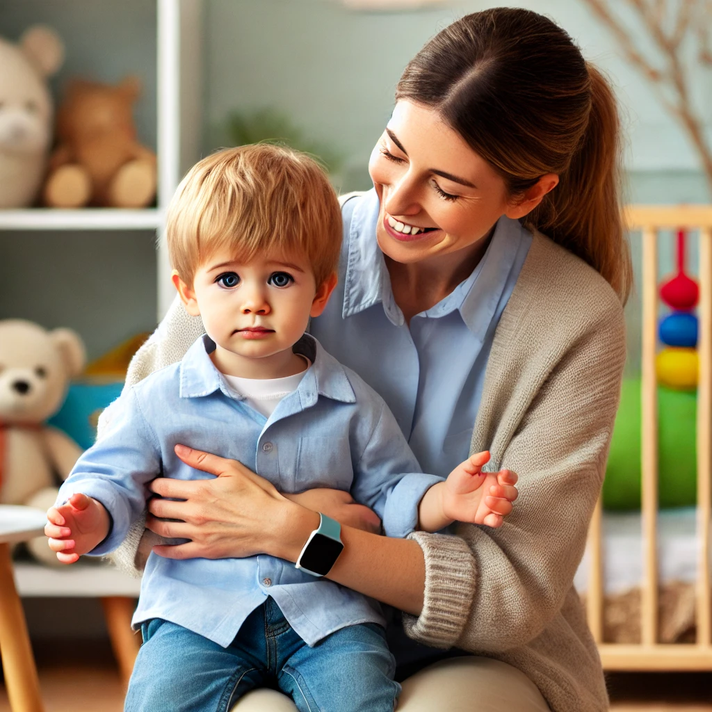 DALL·E 2025-02-13 13.56.07 - A toddler sitting in a daycare or home setting, looking confused and not recognizing their caregiver after a brief separation. The caregiver, smiling .webp