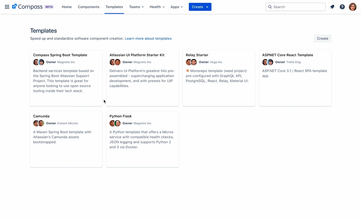 Screenshot of the Atlassian Compass template library page, showcasing multiple templates like Compass Spring Boot, Python Flask, Atlassian UI Platform Starter Kit, and more. Each template includes a brief description of its features and the owner's details.