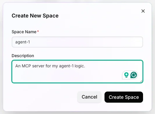 Screenshot shows the dialog for creating a space with the space name and description provided.