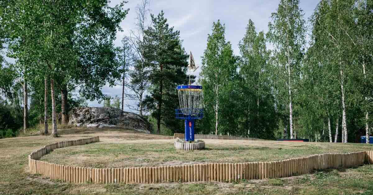A blue disc golf basket surrounded by birches and, closer to it, a low wall of small wooden sticks