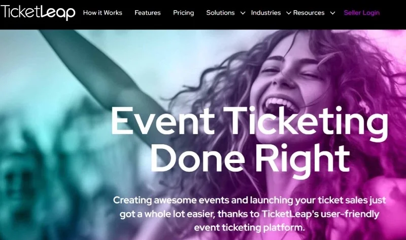 TicketLeap event ticketing platform homepage with user-friendly setup features