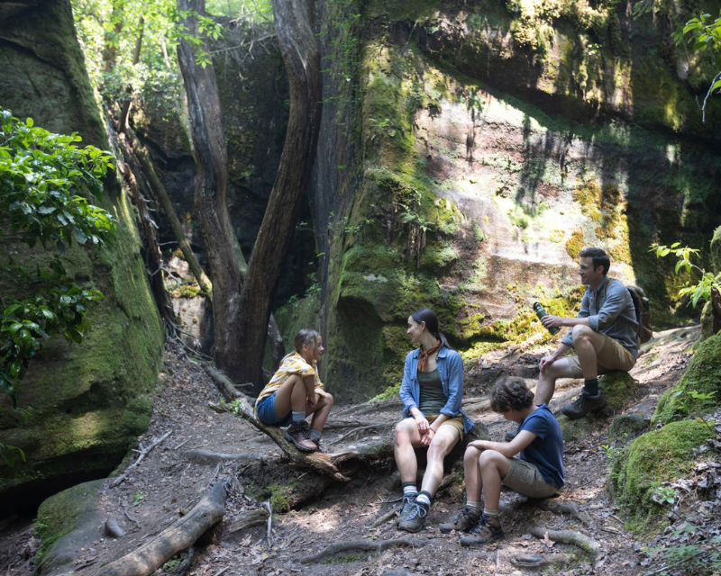 Group of people sitting in Dismals Canyon, AL