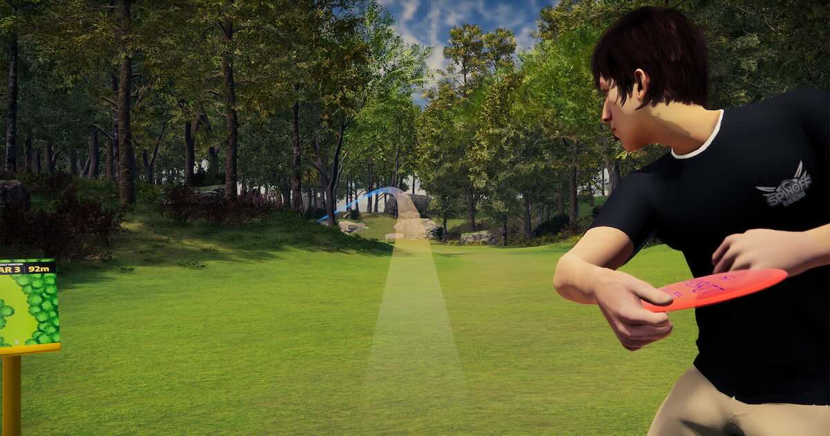 A screenshot from a disc golf video game with a player preparig to throw, tee sign, and disc flight path