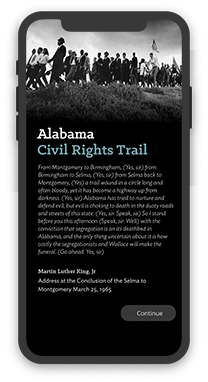 The Alabama Tourism Department Civil Rights Trail app screenshot on an iPhone