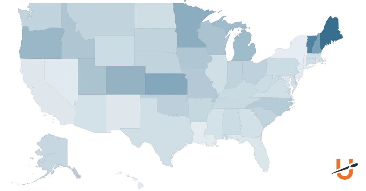 Map of the U.S. showing disc golf grounds per capita with darker blues representing higher totals