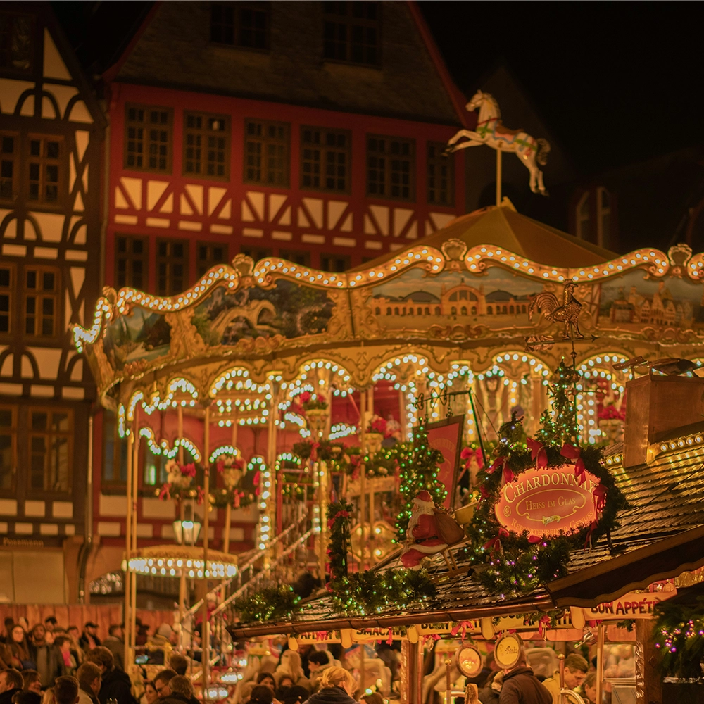 A beautiful historic carousel at the Frankfurt Christmas Market in Germany.