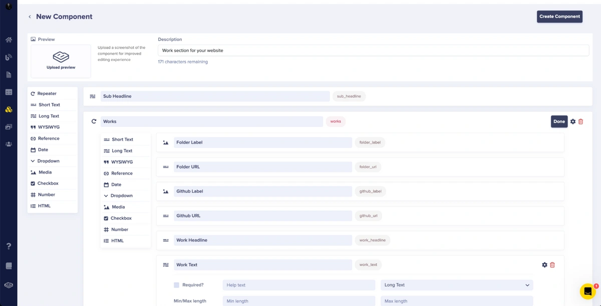 Work Section component configuration