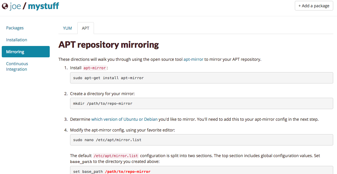 Mirroing tab - APT Repository Mirroring packagecloud.io