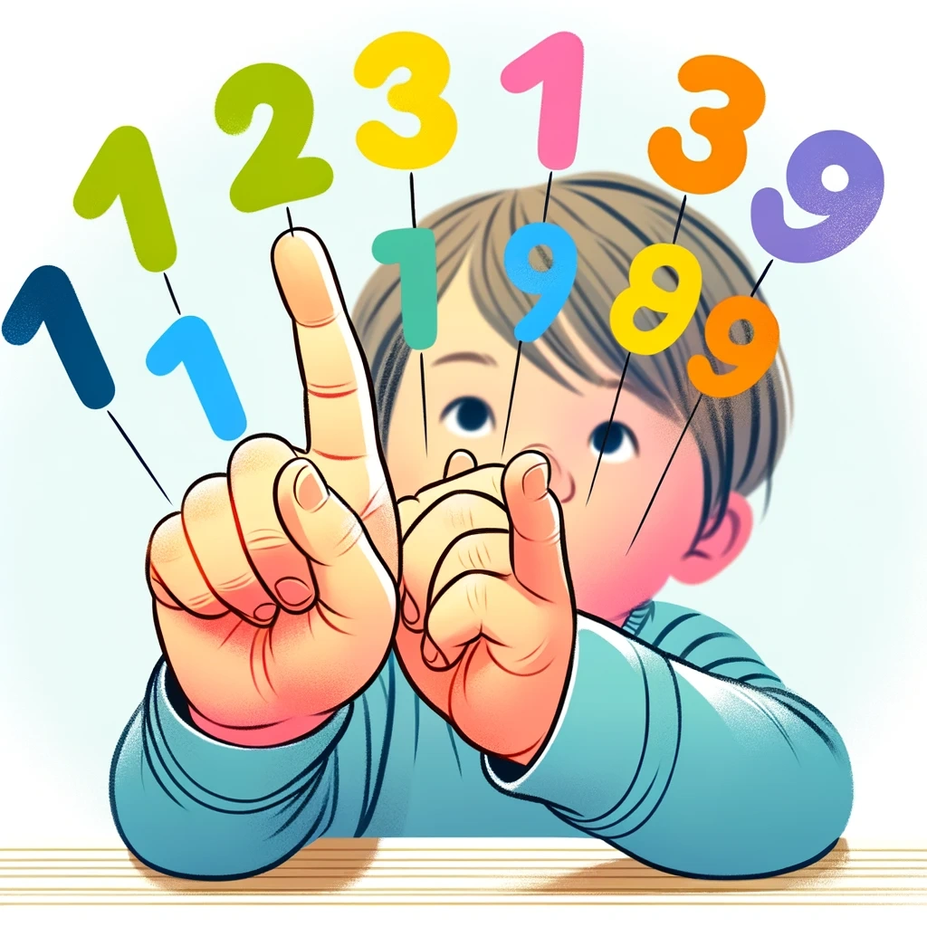DALL·E 2024-01-31 19.56.17 - An image depicting a child learning to count using their fingers, starting from 1. The child is visually engaged and focused, with numbers 1 to 10 ill.webp