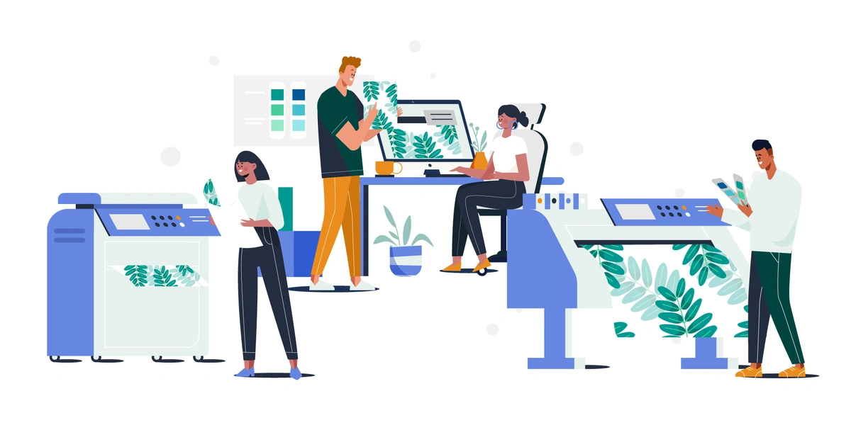 A vector illustration of a print shop with people working with printing machines and discussing print designs.