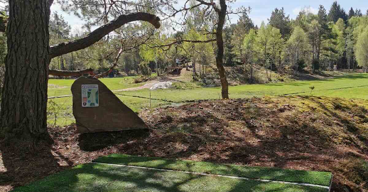 A turf disc golf tee in a shaded area leads to an open fairway surrounded by trees