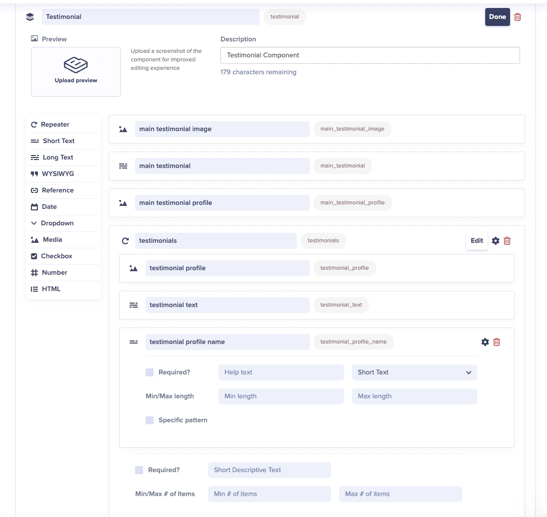 Testimonial component configuration