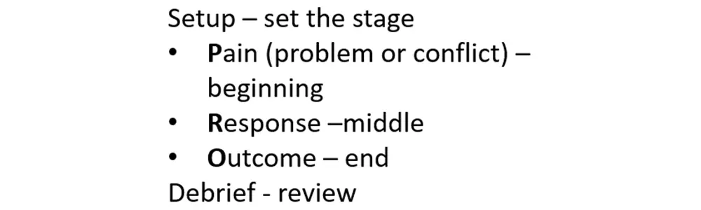 Setup - set the stage. Pain (problem or conflict) - beginning. Response - middle. Outcome - end. Debrief - review.