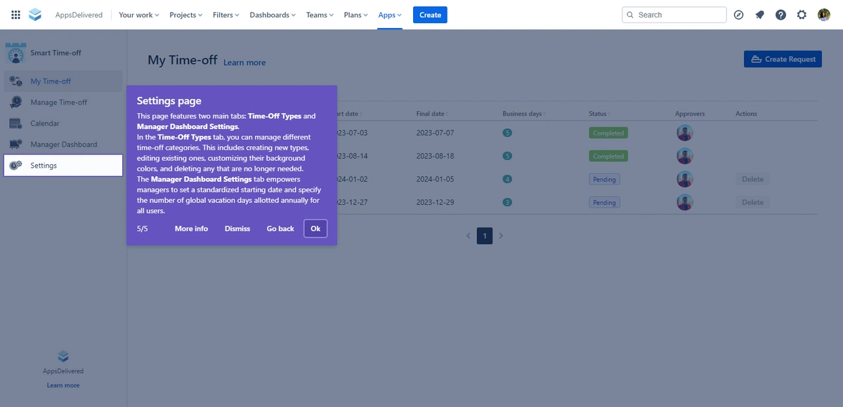 A screenshot of a settings page from a time-off management system with a focus on configuration options.