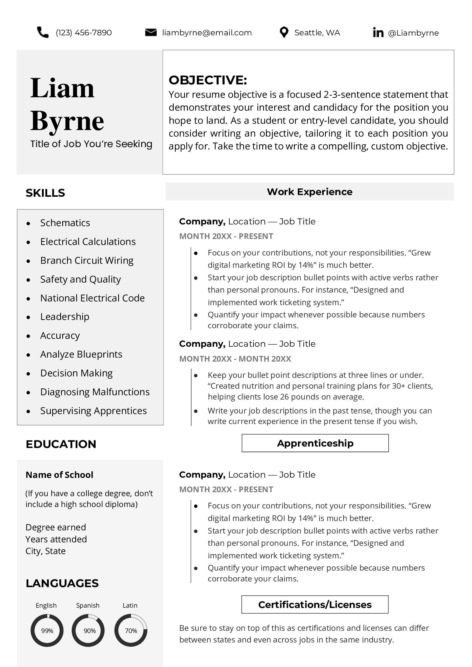 Trades resume template for word
