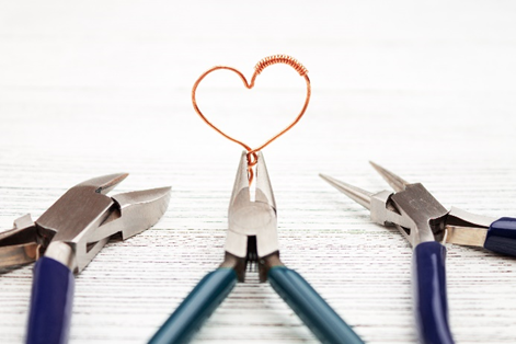 wire wrapped heart with cutters, flat nose, and round nose pliers