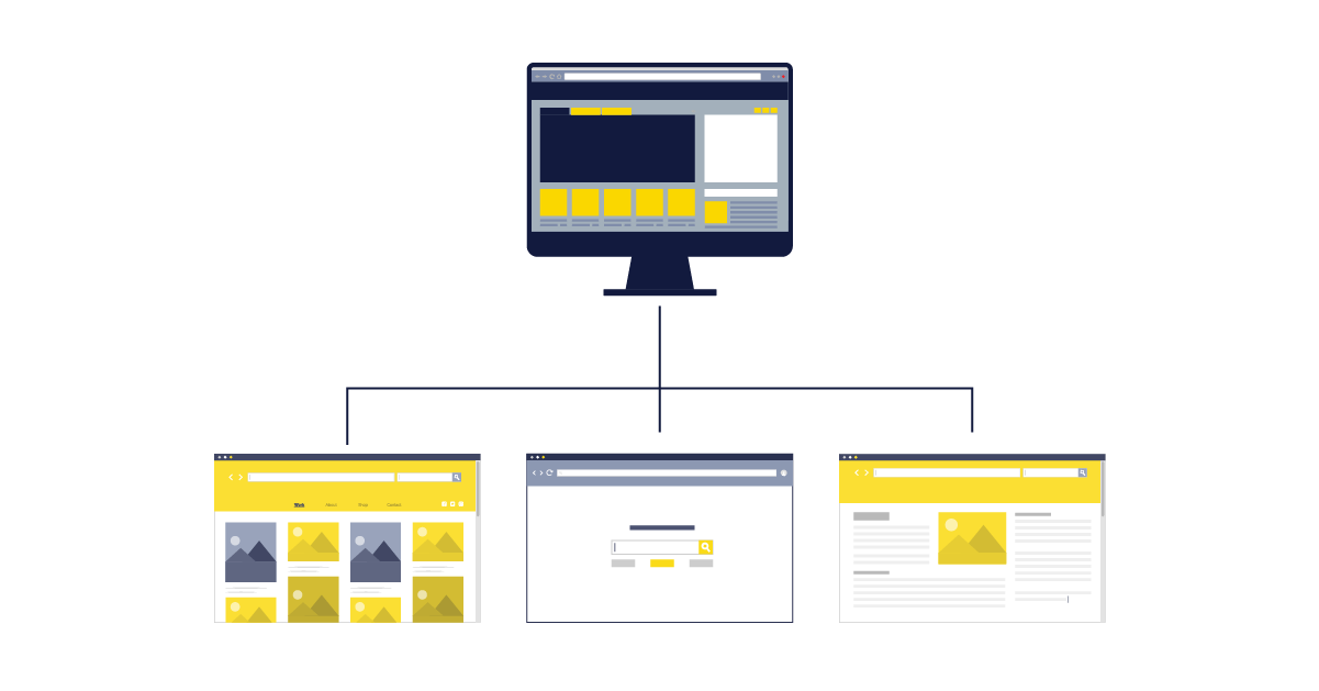 An inverted tree diagram with an illustration of a CMS 
                    at the top. Underneath, a number of different websites are 
                    shown, representing how the content from the CMS can be 
                    used in multiple places.