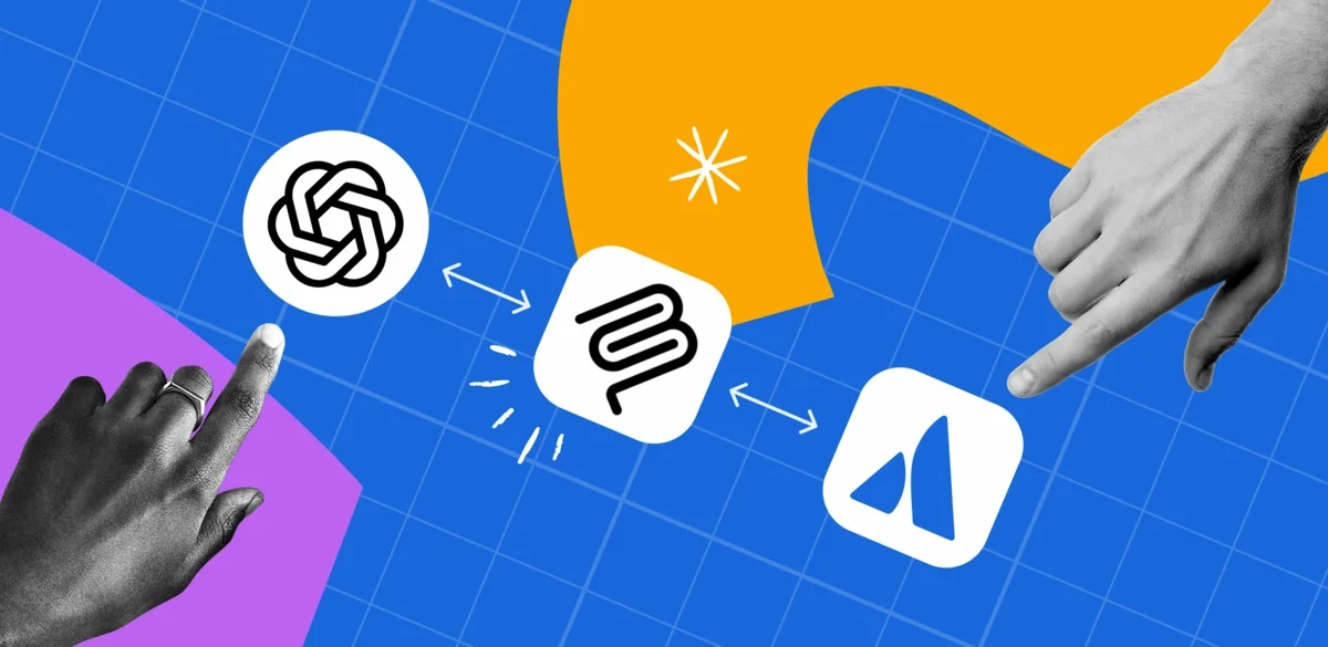 Two hands pointing toward three connected app logos on a blue grid background with colorful shapes.