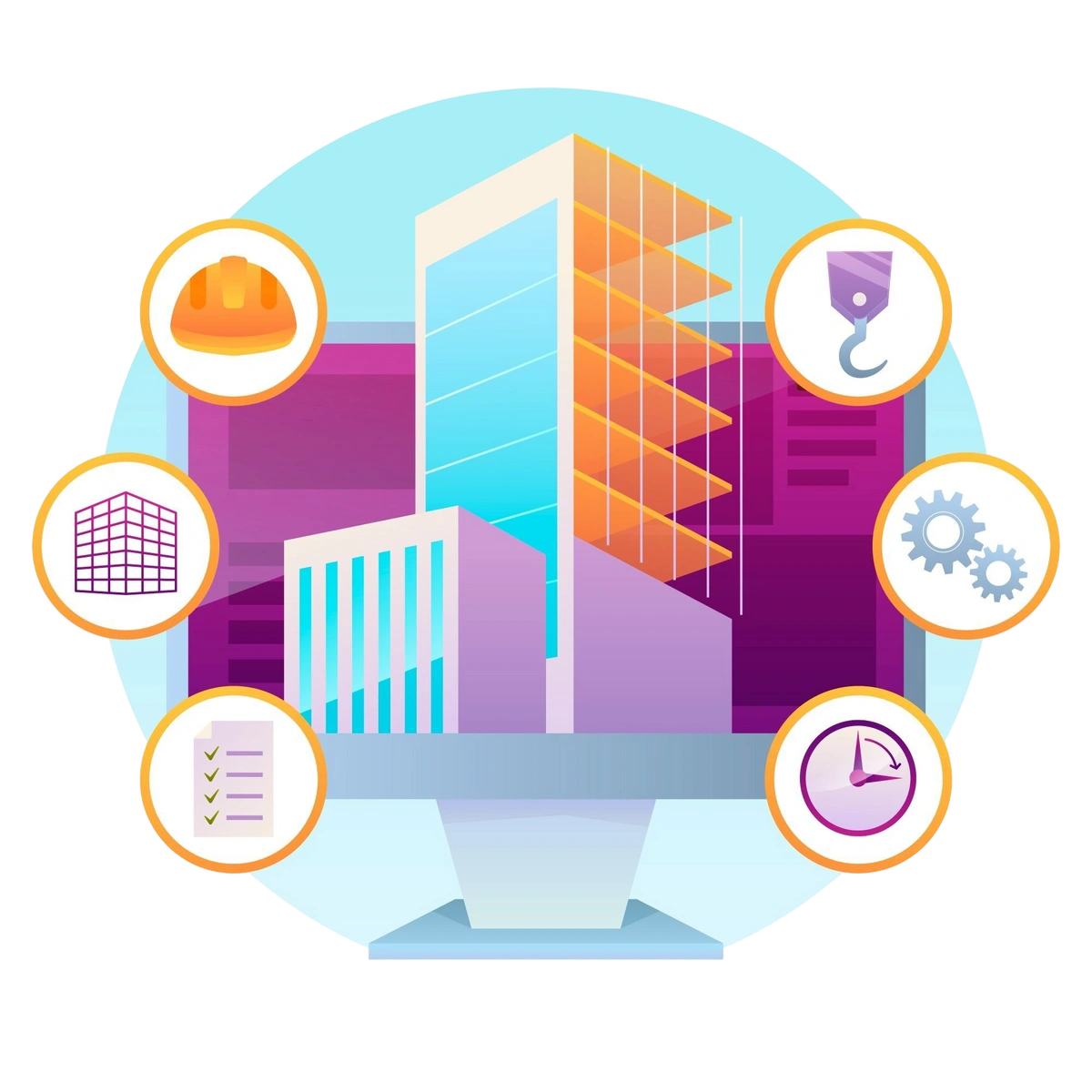 Digital illustration of construction project management with icons for safety, tools, gears, and planning around a modern building on a computer screen.