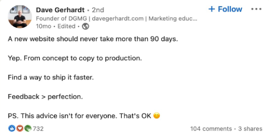 Screenshot: Dave Gerhardt's tweet saying it shouldn't take long to build a new website