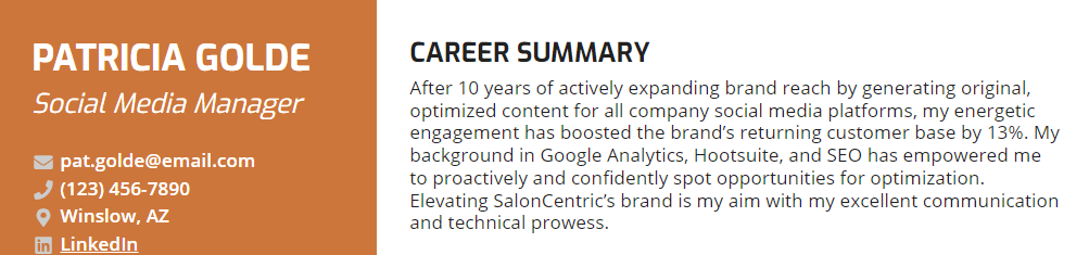 A resume summary for a social media manager with 10 years of experience