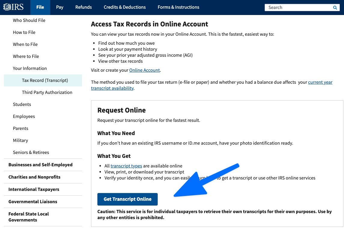 Click the "Get Transcript Online" Button