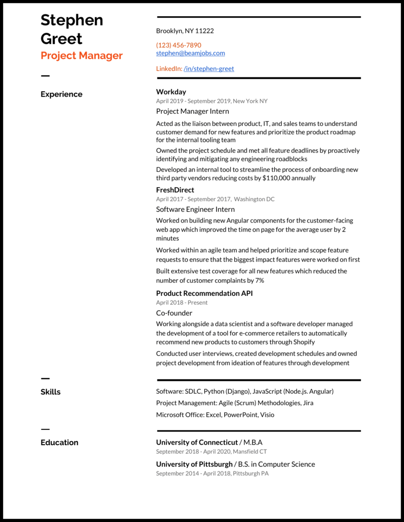 entry level project manager resume summary