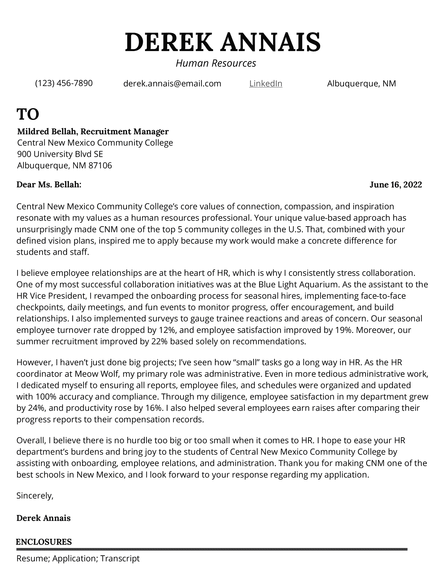 Human resources cover letter example