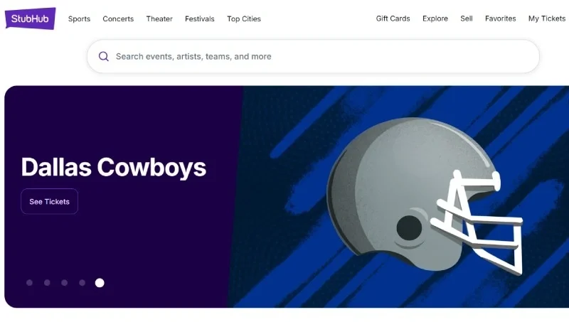 StubHub ticket resale marketplace homepage with sports and concert search options