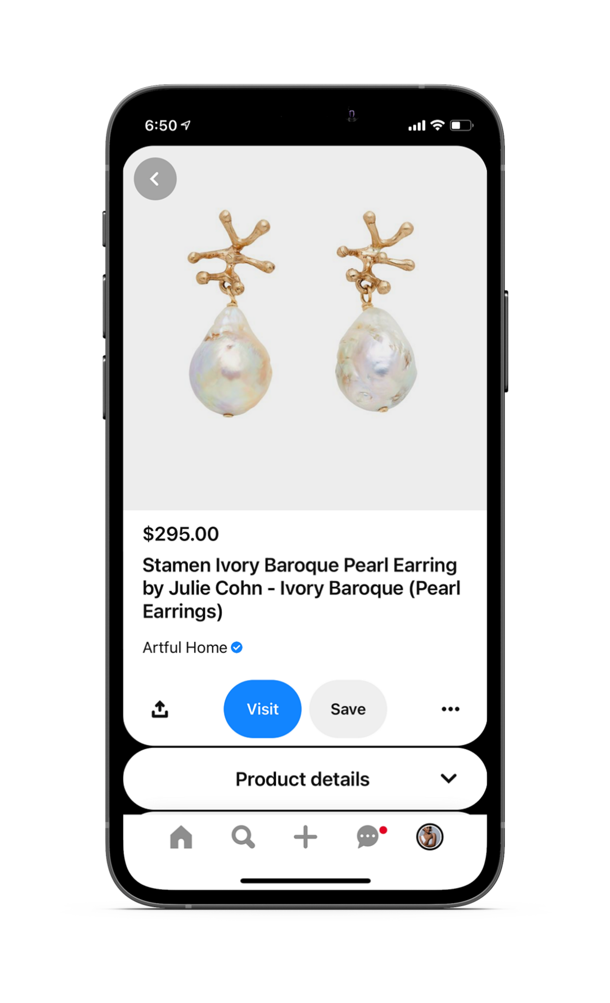 Screenshot of Iphone showing product pin feature on Pinterest
