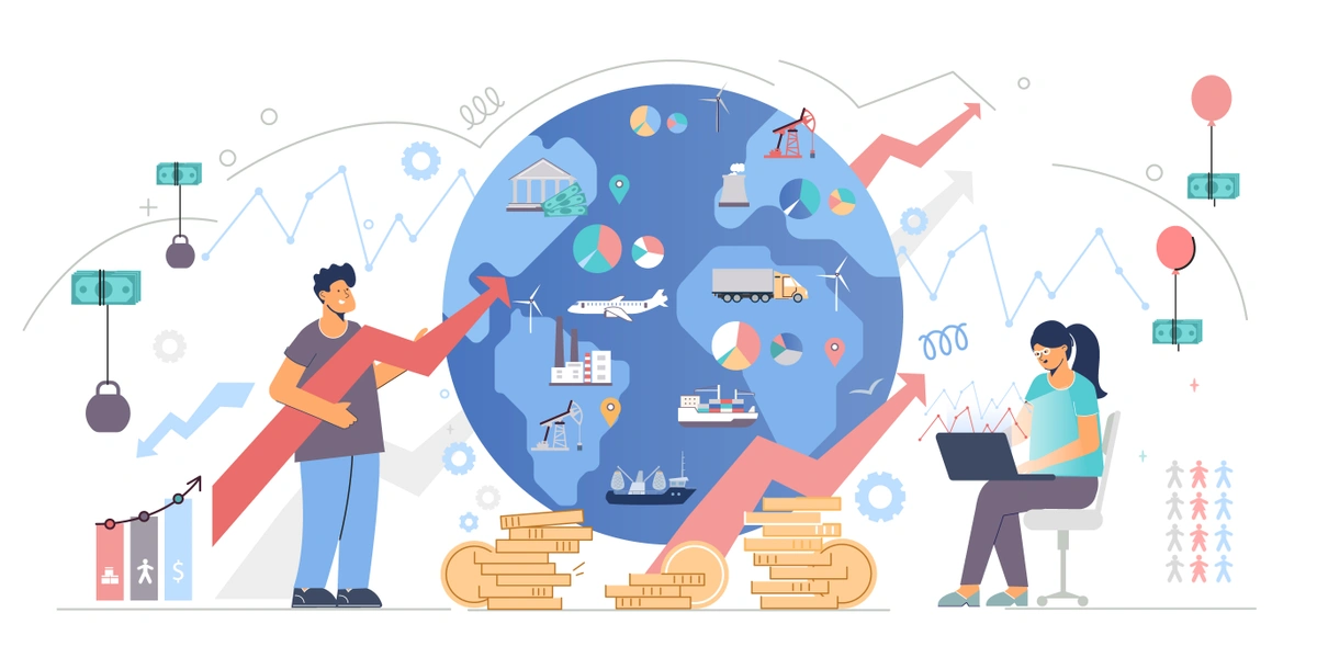 An illustration showing characters with economic elements such as graphs, money, transportation, and industrial symbols, representing the global economic system.